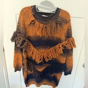 Boho Fringe Knit Sweater Blue Orange Striped Western Wool Blend Pullover NEW